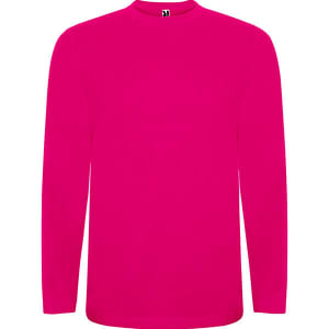 A long-sleeved t-shirt in bright pink, featuring a crew neck and a logo on the collar.