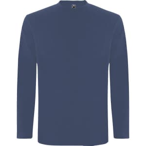 A navy long-sleeved T-shirt with a round neckline and a subtle logo.