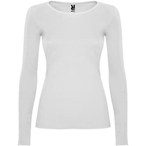 A long-sleeved women's T-shirt in white, featuring a fitted design and a logo at the neckline.