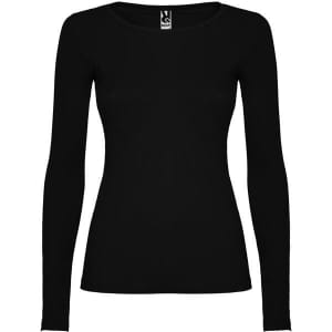 A long-sleeved women's t-shirt in black, featuring a fitted design and a logo at the neckline.