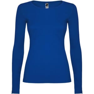 A blue women's long-sleeved T-shirt with a fitted design and a logo on the neckline.
