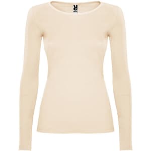 A long-sleeved women's t-shirt in a soft beige colour with a fitted design and a logo on the label.