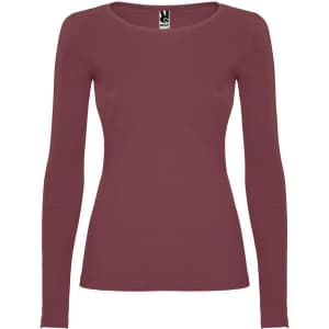 A maroon long-sleeved women's t-shirt with a fitted design and a branding label at the neckline.