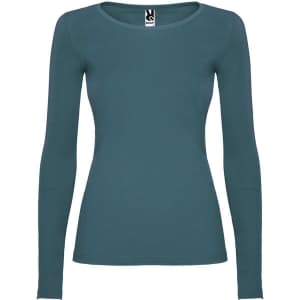 A long-sleeved women's t-shirt in a teal colour with a fitted design and a logo at the neckline.