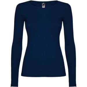 A long-sleeved women's t-shirt in navy blue with a fitted design and a branding label at the neckline.