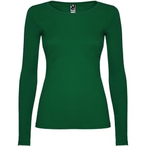 A green long-sleeved women's T-shirt featuring a fitted design and a round neckline. It includes a logo at the label.