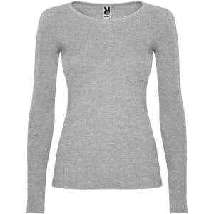 A grey long-sleeved women's t-shirt with a fitted design and a logo at the neckline.