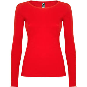 A long-sleeved women's t-shirt in bright red with a fitted design and a logo on the tag.