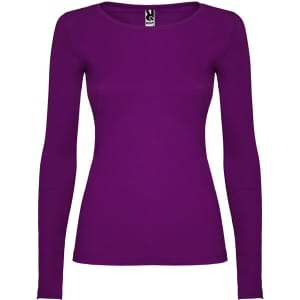 A long-sleeved T-shirt in vibrant purple with a fitted design and a logo on the label.