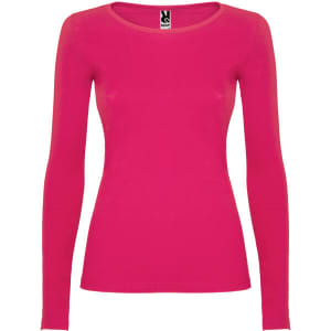 A long-sleeved T-shirt in bright pink, featuring a fitted design and a neckline. The shirt has a logo at the top.