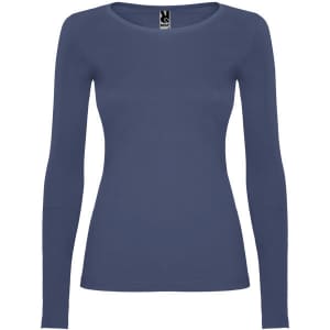 A long-sleeved women's t-shirt in a deep navy colour, featuring a fitted design and a logo at the neckline.