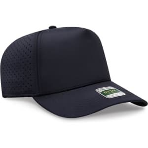 A navy perforated cap with a structured five-panel design, featuring a logo on the front.