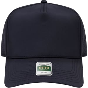 A navy perforated cap with a structured 5-panel design and a logo badge on the front.
