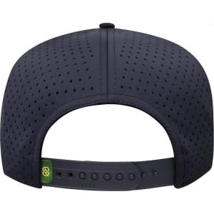 A navy blue perforated cap with a snapback closure and a small logo on the side.