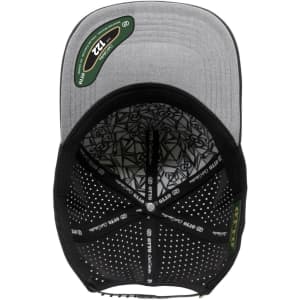 A grey perforated cap with an interior patterned design and branding, showcasing a pro-style 5-panel structure.