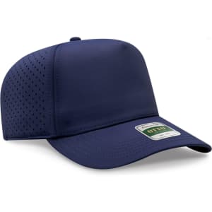 A navy blue perforated 5-panel cap featuring a branded label. The cap has a structured look and curved brim.