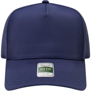 A navy blue 5-panel cap with perforated sides and a logo on the front.