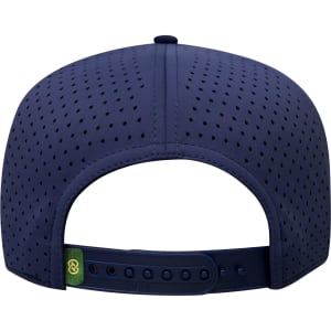 A navy perforated cap featuring a snapback closure and a logo on the side.