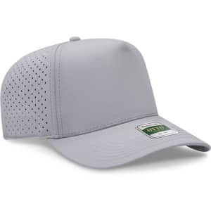 A grey perforated cap with a structured design and a logo on the front.