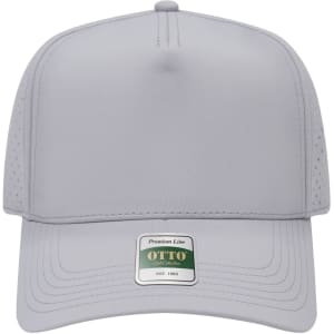 A light grey 5-panel cap with perforated sides and a branding label on the front.