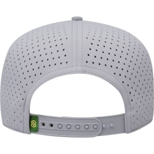 A grey perforated cap featuring a snapback closure and a small logo on the adjustable strap.