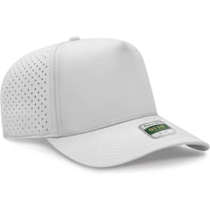 A white 5-panel cap with perforated sides and a branded label on the front.