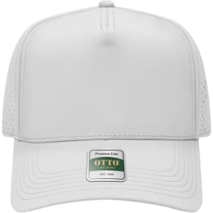 A white perforated cap with a flat brim and an adjustable strap at the back, featuring a small logo.