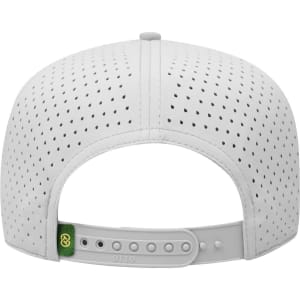 A white perforated cap featuring a rear adjustable strap and a small branding logo.
