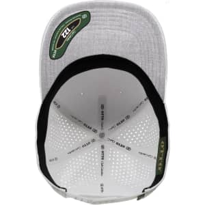 A grey perforated cap featuring a structured design, with an interior showcasing ventilation holes and a branded label.