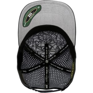 A grey 5-panel cap with perforated design and an inner patterned lining. Includes a logo on the front.