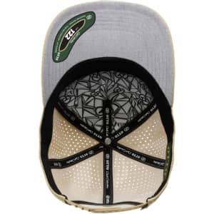 A light grey and beige 5-panel cap with a perforated interior and branding inside.