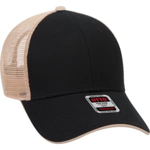 A black and beige 6 panel trucker hat with a mesh back and a branding label on the front.