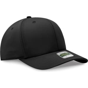 A black 5-panel cap featuring a curved brim and a branded tag on the side.