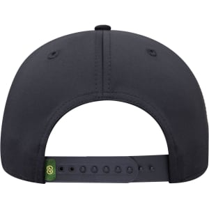 A black 5-panel cap featuring a snapback closure and a logo. The design is simple and modern.