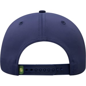 A navy blue fitted cap featuring a strap adjustment at the back, with a branded logo.