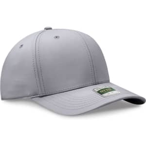 A grey 5-panel cap with a curved brim and an attached logo on the side.