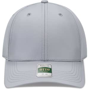 A grey 5-panel cap with a structured fit and a logo label on the front.