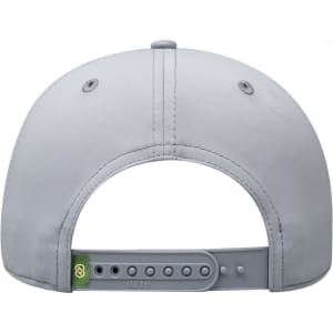 A grey 5 panel cap featuring a logo on the adjustable strap at the back.