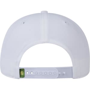 A white 5 panel cap featuring a strap adjustment at the back and a green logo tag.