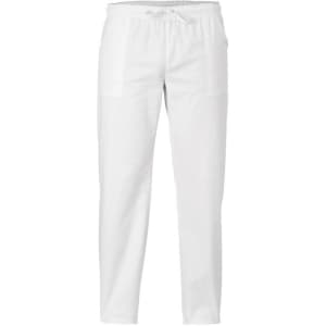 White pants with an elastic waist and pockets, featuring a simple design. The product has a logo on it.