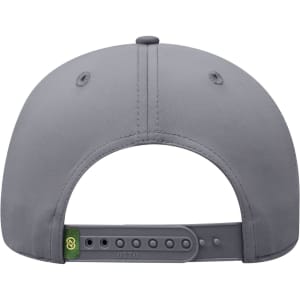 A grey baseball cap featuring a snapback closure and a logo at the back.