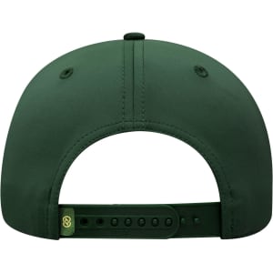A green 5-panel cap featuring a plastic snap closure and a logo on the back.