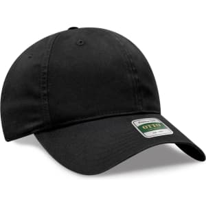 A black six-panel low profile dad cap with a curved brim and a logo on the front.