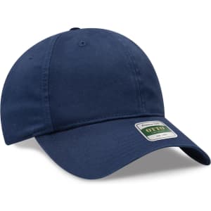 A navy blue low profile dad cap with a curved brim and a branded label on the side.
