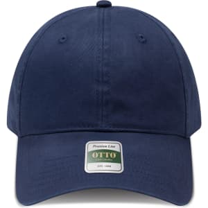 A navy blue low-profile dad cap with a six-panel design and a logo tag on the front.