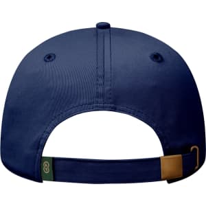 A navy blue low profile dad cap featuring a logo and an adjustable strap at the back.