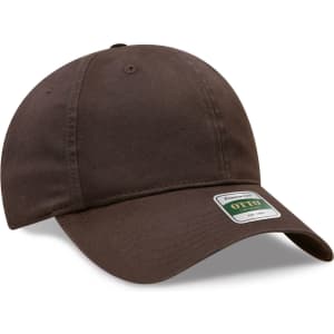 A brown low-profile dad cap featuring a curved brim and a logo label on the front.