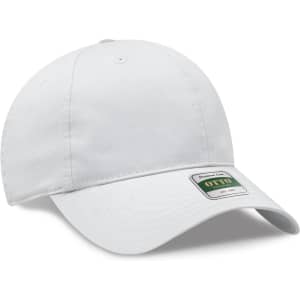 A white six-panel low profile dad cap featuring a logo on the front.