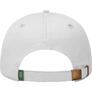 A white low-profile dad cap featuring a logo at the back and an adjustable strap with a metal buckle.