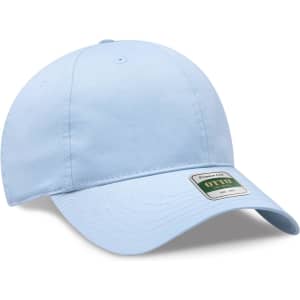 A light blue low-profile dad cap with a curved brim and a logo on the front.